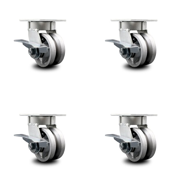 4 Inch Kingpinless V Groove Semi Steel Wheel Swivel Caster Set with Brakes SCC